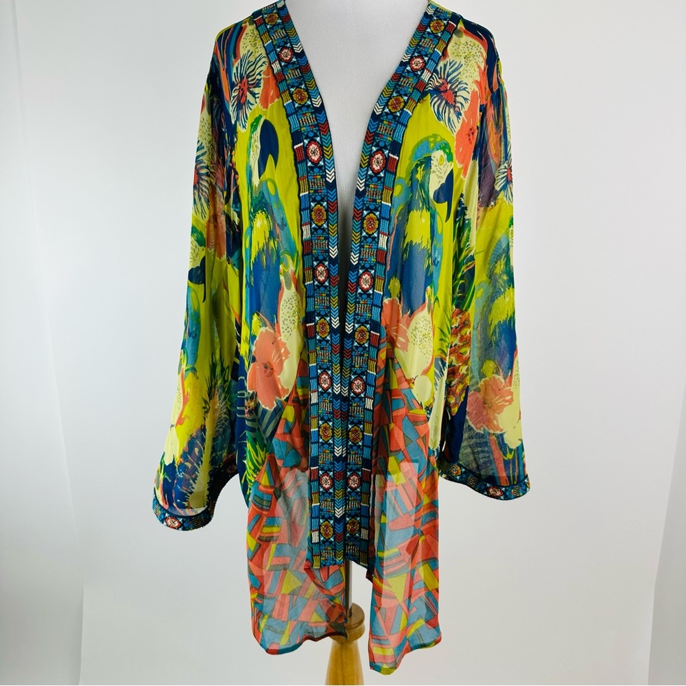 Soft Surroundings Colorful Tropical Curaco Parrot Floral Kimono Size 3X - Picture 2 of 13